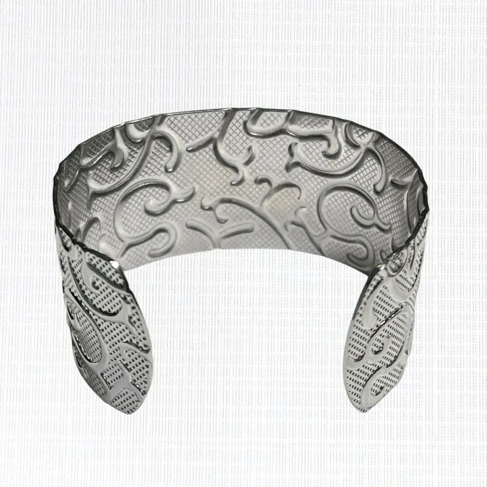 HOB Textured Cuff Bracelet Vines Scrollwork Silver Tone Stainless Steel Wide